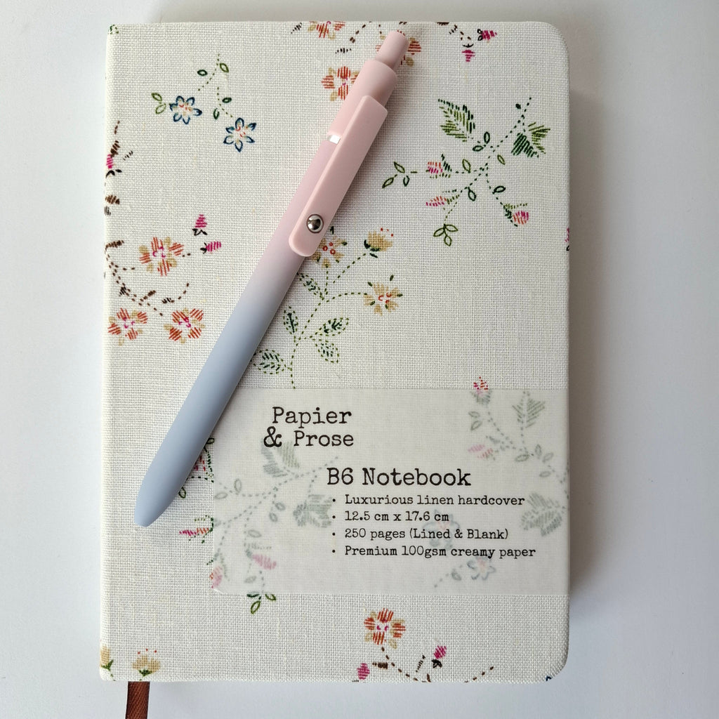 B6 linen hardcover journal blank and lined pages Papier & Prose premium luxury notebook soft touch pastel pen