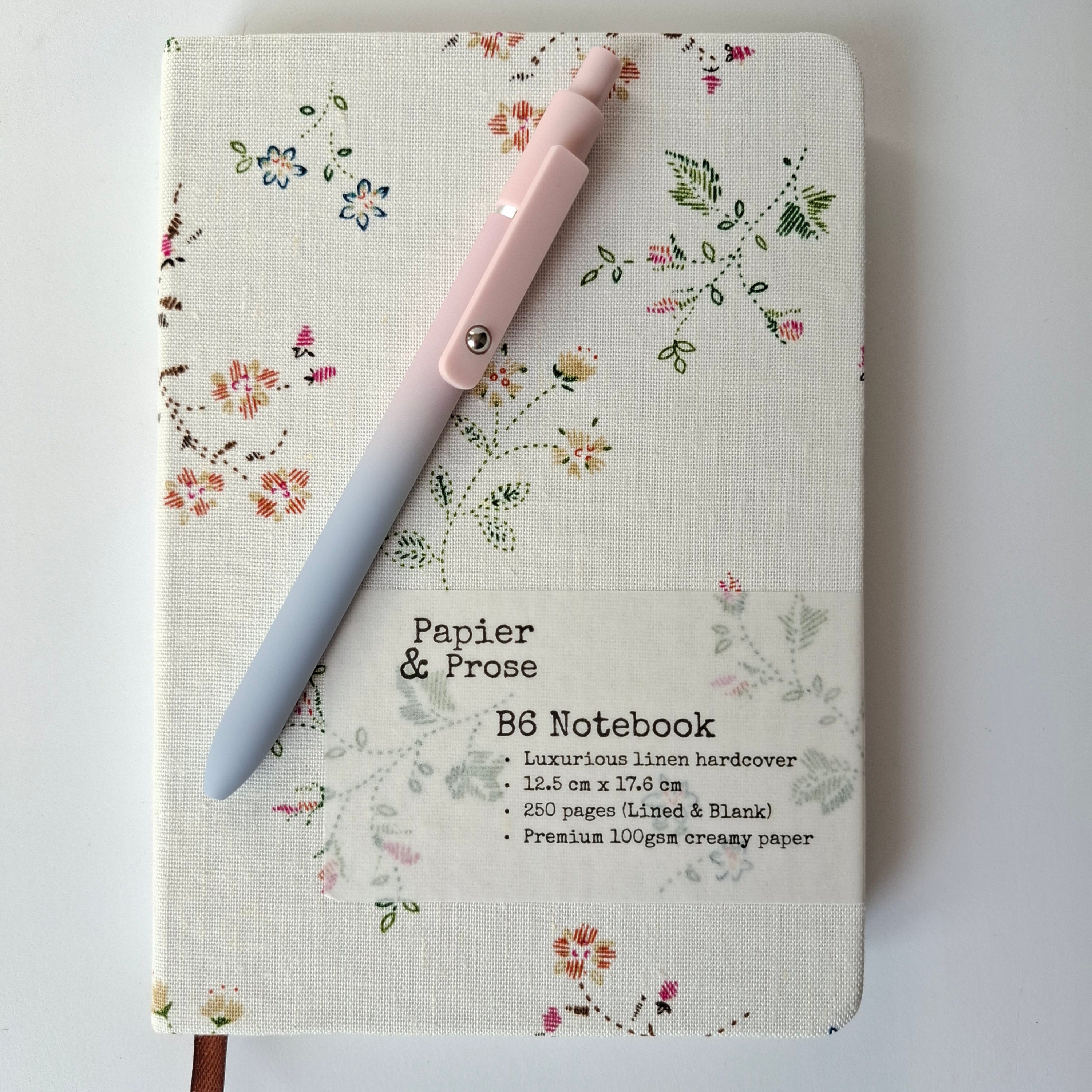 B6 linen hardcover journal blank and lined pages Papier & Prose premium luxury notebook soft touch pastel pen
