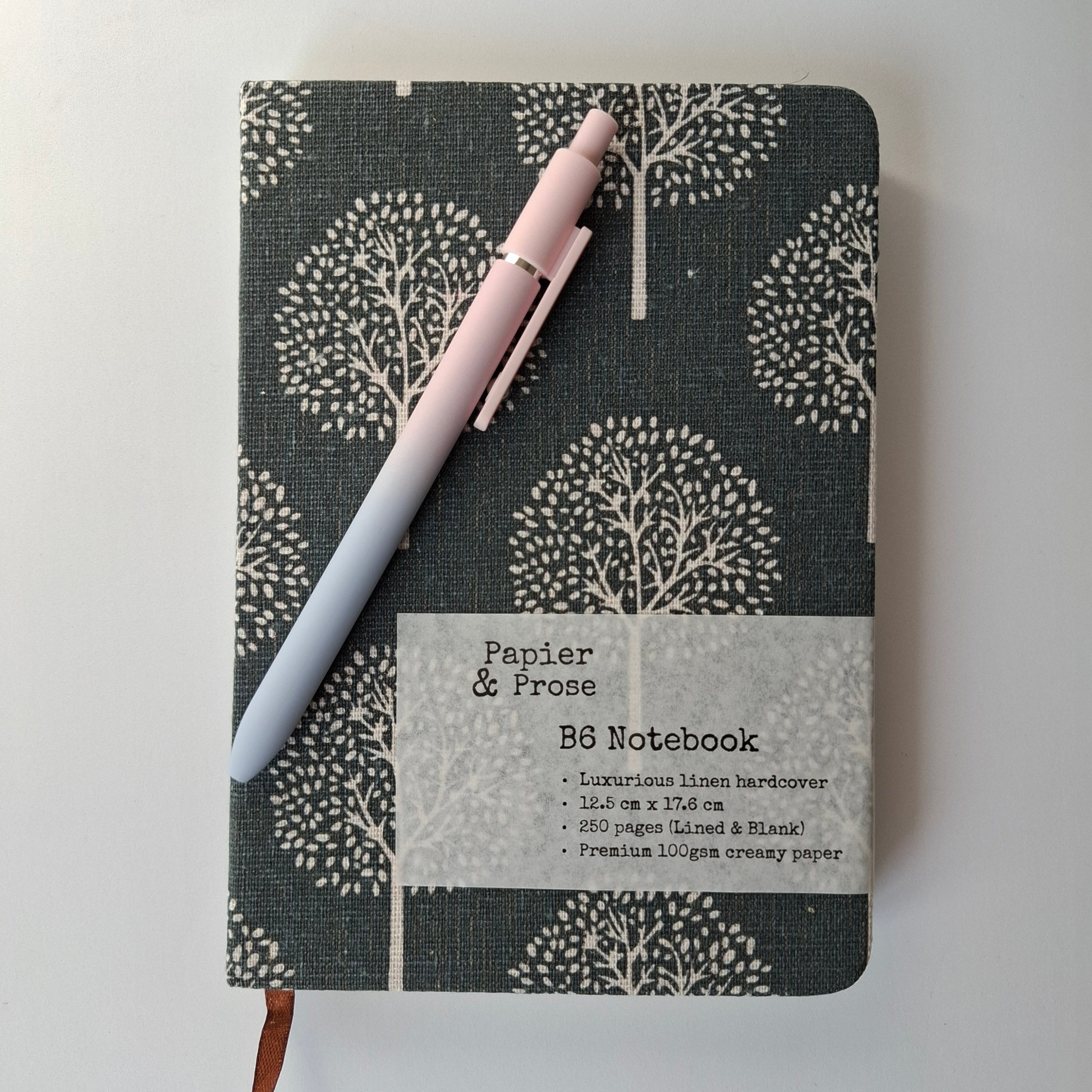 B6 linen hardcover journal blank and lined pages Papier & Prose premium luxury notebook soft touch pen