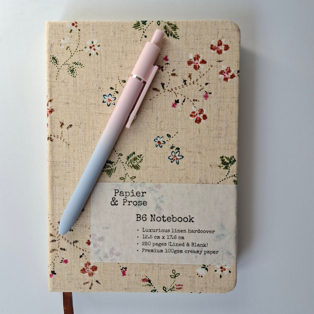 B6 linen hardcover journal blank and lined pages Papier & Prose premium luxury notebook soft touch pen