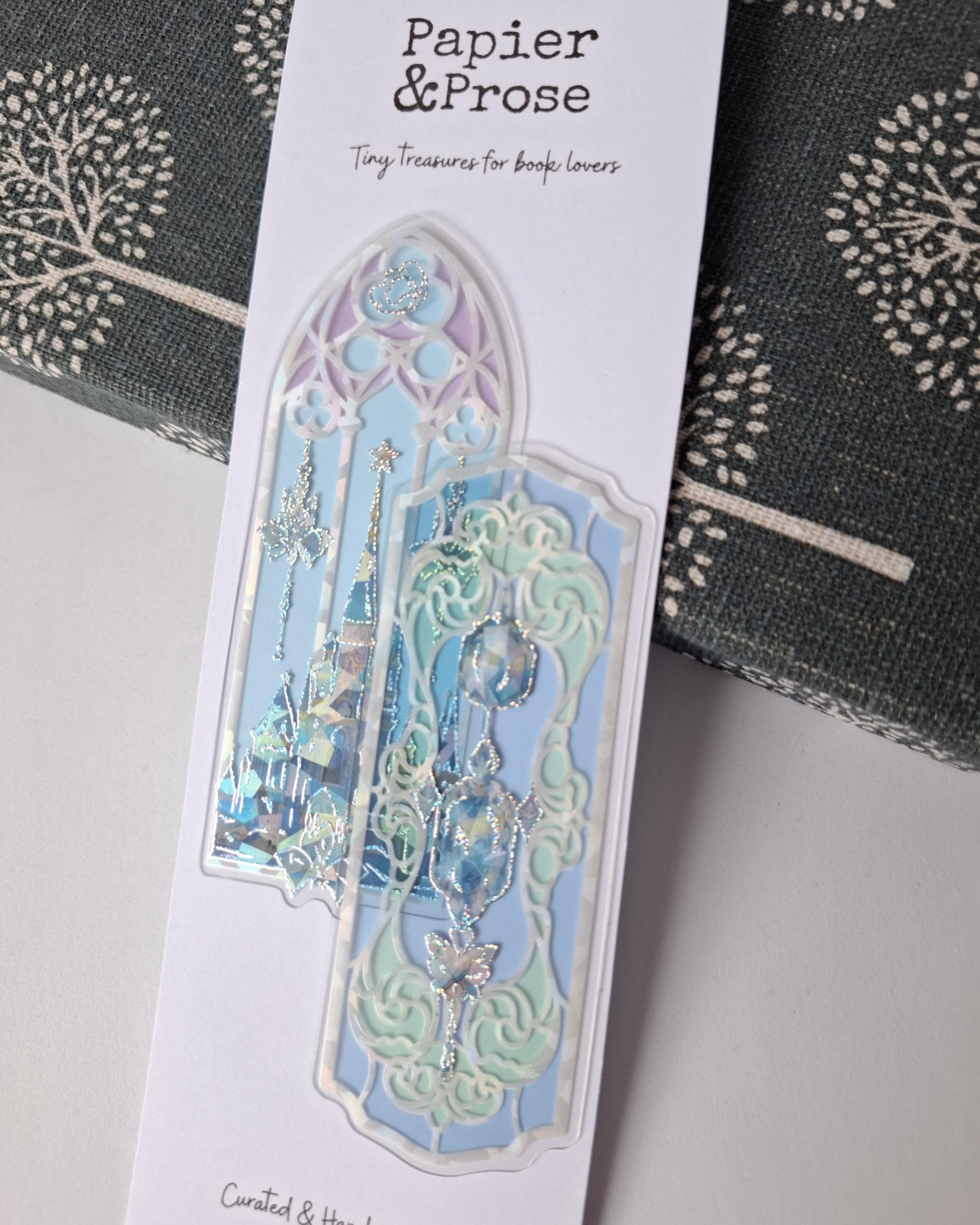 Blue sparkle fantasy bookmark with castle design – Papier & Prose
