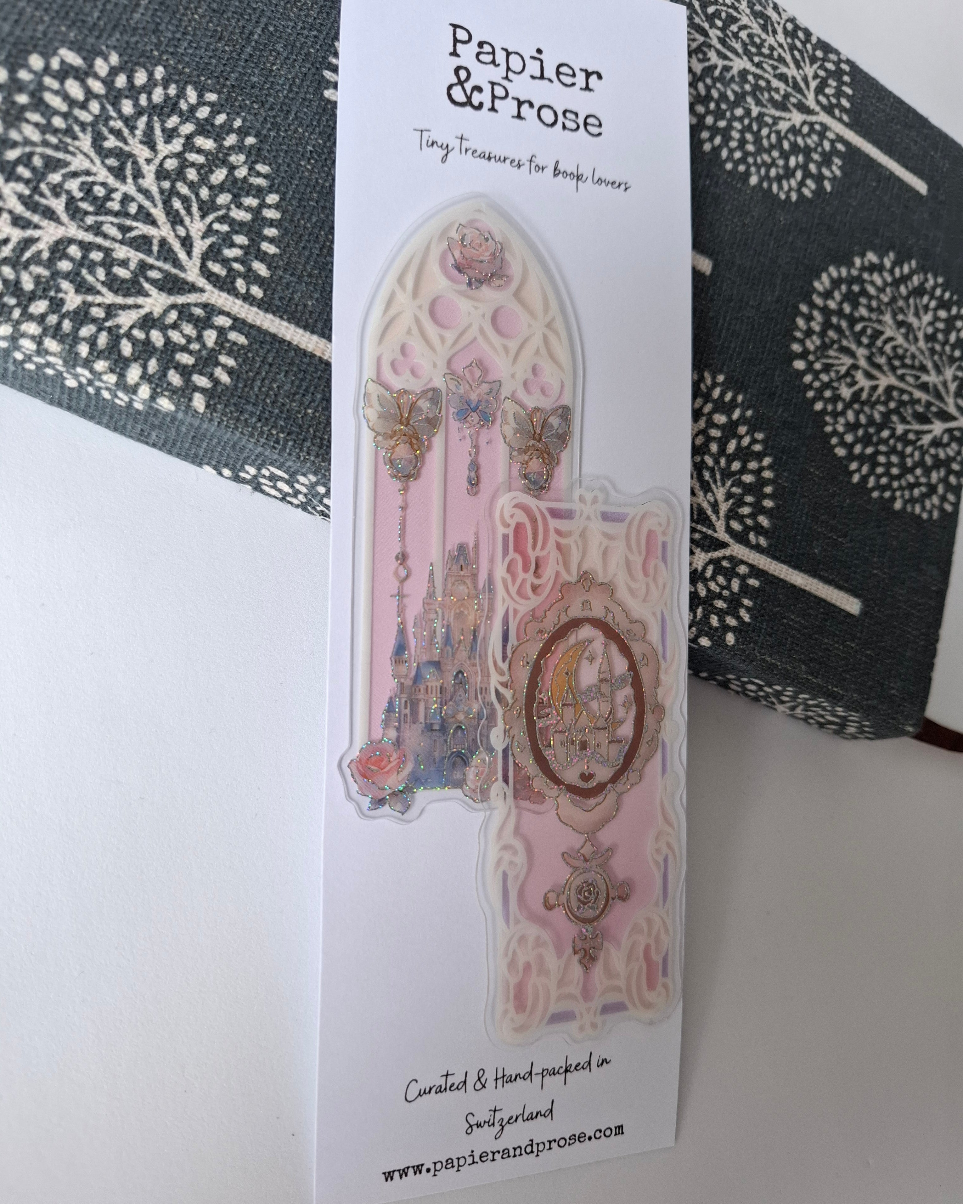 Pink sparkle fantasy bookmark with castle design – Papier & Prose